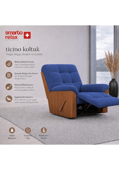 Smarto Relax Ticino Manuel Mekanizmalı Ayak Uzatmalı Ahşap Yan Panelli Polyester Tv Koltuğu Baba Koltuğu Mavi