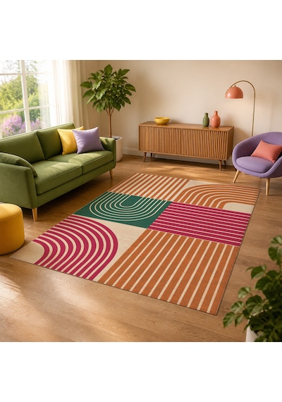 Kartela Halı Retro Çizgili Patchwork Halı Retro Canlı Kaymaz Taban Makinede Yıkanabilir 120x180 Cm
