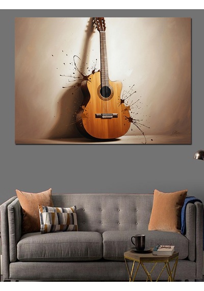 Duvara Dayalı Klasik Gitar Müzik Enstrümanı Görseli Dekoratif Kanvas - Mdf Ahşap Tablo