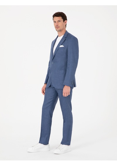 Cacharel İndigo Slim Fit Keten Yün Karışımlı Mikro Desen Mono Yaka Takım Elbise Mavi