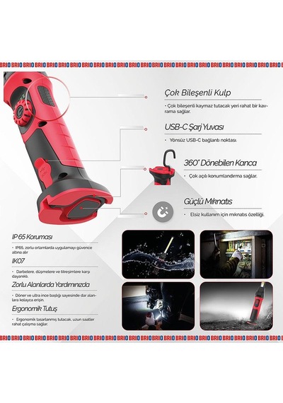 Brio Usb Şarjlı Led Fener Lamba Güçlü Işık Tamirci Feneri 1000 Lümen