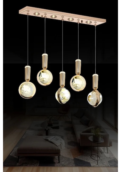 Florya Modern 5'li Sıralı Kristal Camlı Spotlu 70 Cm Led Yemek Masası Avizesi Fly-5s70-w73 Gold