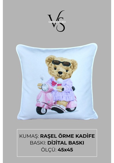 Kırlent Kılıfı Ayıcık Desenli 45x45 Raşel Örme Kadife Çift Taraflı Dijital Baskı Beyaz Biyeli - 01 Beyaz