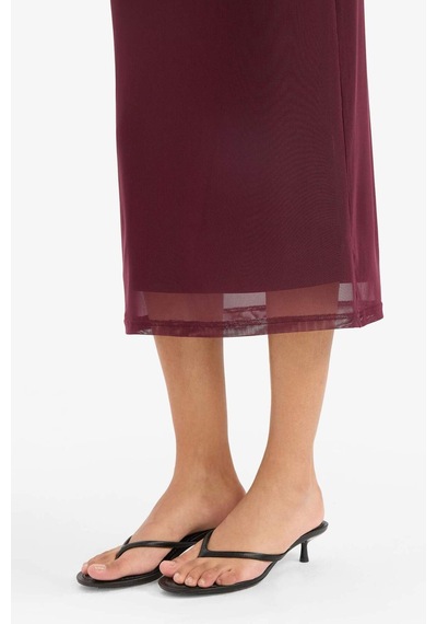 Defacto Bodycon Vücudu Saran Yuvarlak Yaka Tül Kolsuz Midi Elbise D8036ax25aubr232 Bordo
