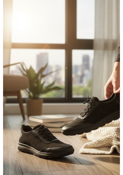 Enoch Hakiki Süet Deri Siyah Erkek Sneaker Ortopedik Taban Siyah