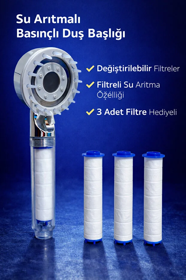 Duş Başlığı Filtreli 3 Yedek Filtre Hortumlu Yüksek Basınçlı Set Beyaz