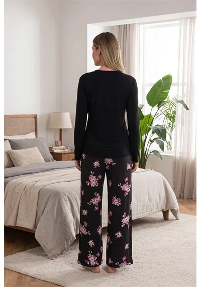 Go İthalat Kadın Şık Tasarım Çiçek Desenli Geniş Paçalı Yumuşak Dokulu Viskon Kumaş V Yaka 2'li Pijama Takımı Siyah