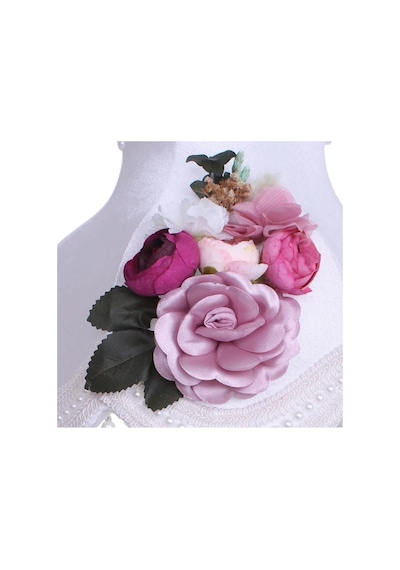 Beyaz Kadife Kaplı Çiçekli Dekorlu Başlık Beyaz Metal Ayaklı Klasik Model Abajur 55x25cm