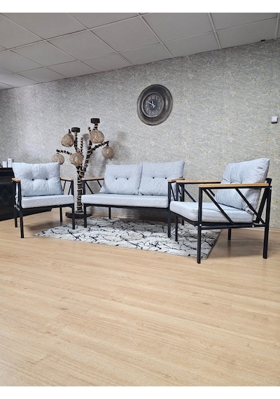 Zafir Siyah Boyalı Bahçe - Balkon - Mutfak Çay Seti Takımı Bahçe Koltuk Takımı Gri