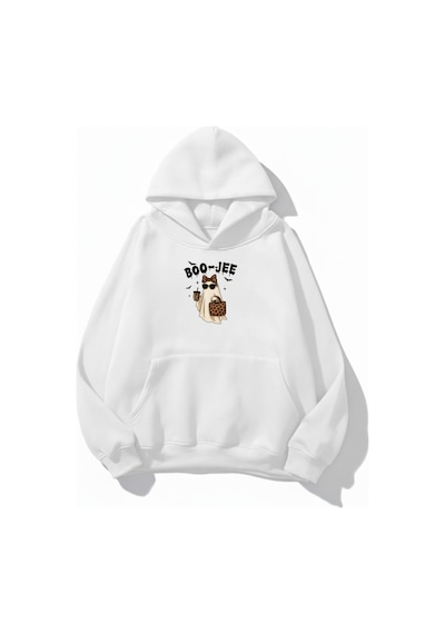 Uyguntarz Unisex Yumuşak Dokulu Boo-jee Ghost Baskılı Tasarım Oversize 3 İplik Hoodie Sweatshirt beyaz