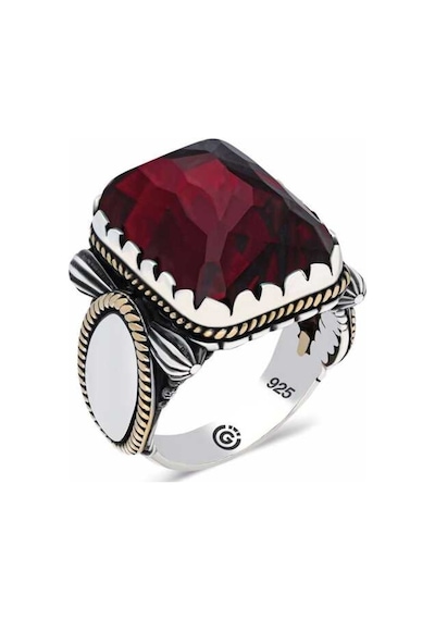 Gümüş Bordo Zirkon Taşlı Kare Erkek Yüzük - 555895185