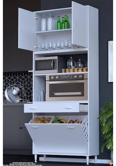 Belin 100 Cm Fırın Dolabı Kahve Köşesi Kapaklı Sepetli Mutfak Kiler Dolabı Banyo Dolabı 100x226x32cm Beyaz