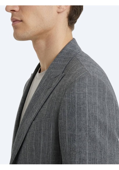 Kip Petrol Çizgili Modern Fit Keten Karışımlı Ceket