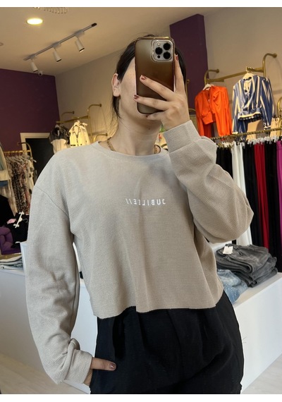 Crop Yazı Detaylı Uzun Kol Bluz - Bej Renk-415