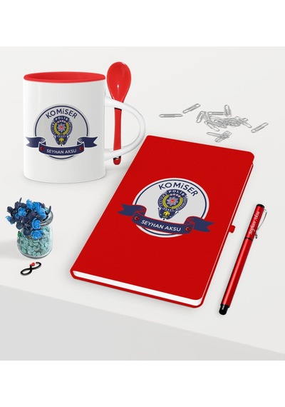 Kişiye Özel Komiser Temalı Kırmızı Defter Kalem Kaşıklı Kupa Seti - 1