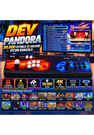 Dev Pandora 30.000 Oyunlu 3d Pro Arcade Konsol 2 Kişilik Geniş Panel Hdmı & Vga Çıkışlı