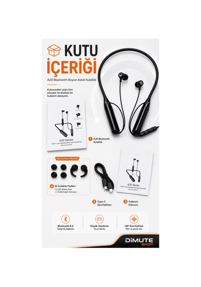 A20 Bluetooth Boyun Askılı Kablosuz Kulaklık Enc Gürültü Engelleme Hifi Ses Type-c Şarjlı Siyah - 889157276