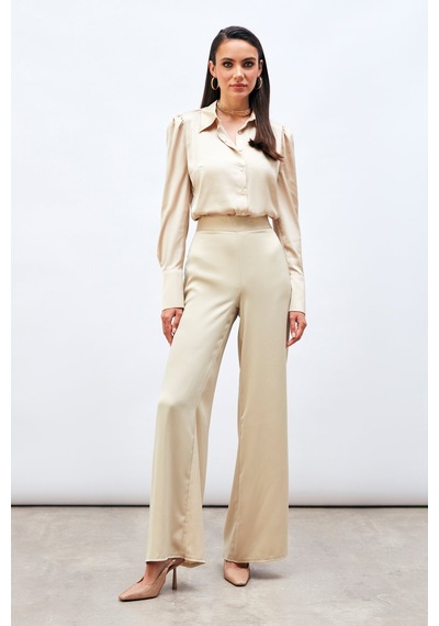 Sateen Yırtmaç Detaylı Saten Pantolon - Bej