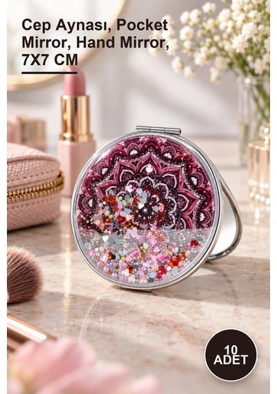 10 Adet Mandala Desenli Hareketli Sulu El Aynası Cep Aynası, Pocket Mirror, Hand Mirror, 7x7 Cm