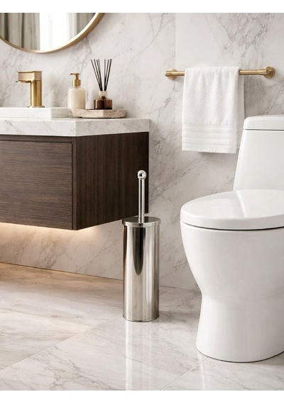 Paslanmaz Çelik Silindir Tuvalet Fırçası Kapalı Hazneli, Modern Wc Fırçası Seti Vıchy-7046 Gümüş