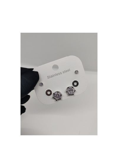 6lı 3 Çift Büyük Taşlı Silver Çelik Küpe