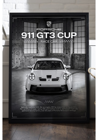 Porsche 911 Gt3 Cup Siyah Ahşap Çerçeveli Poster, Dekoratif Araba Duvar Tablosu
