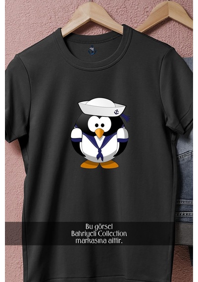Bahriyeli Collection Oversize Denizci Penguen Tasarımlı Unisex T-shirt Siyah