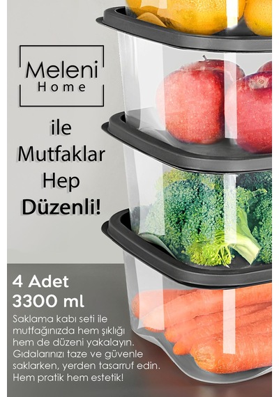 Meleni Home Kare Erzak Gıda Saklama Kabı Mikrodalga Derin Dondurucu Saklama Kabı Antrasit 3300 ML 4 Adet Gri