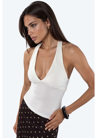 Hiccup Busem Kesik Detaylı Dar Kesim Halter Crop Bluz Beyaz
