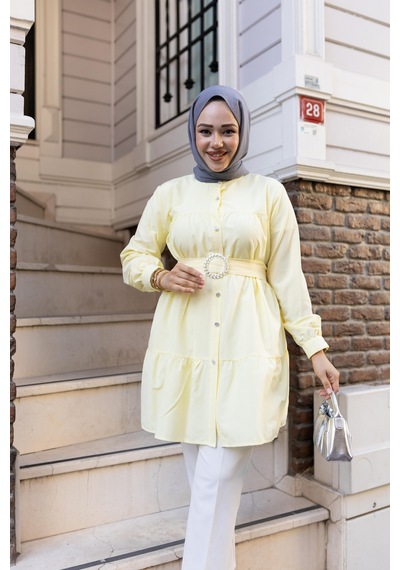 Hb Harma Time Butik Kadın Düğmeli Kemer Detaylı Sarı Gömlek bej