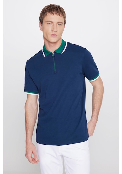Erkek Lacıvert-yesıl Regular Fit Geniş Kesim Polo Yaka %100 Pamuk Tişört Lacıvert-yesıl