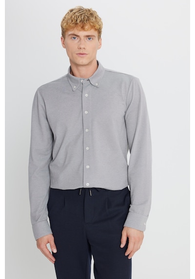 AC&Co / Altınyıldız Classics Erkek Grı Pamuklu Tailored Slim Fit Dar Kesim Düğmeli Yaka Örme Gömlek Gri