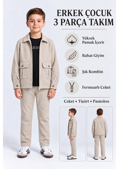 Ahengim Erkek Çocuk 3 Parça Takım Dokulu Fermuarlı Ceket Baskılı Tişört Ak6245 KREM Ahengim Erkek Çocuk 3 Parça Takım Dokulu Fermuarlı Ceket Baskılı Tişört Ak6245 KREM