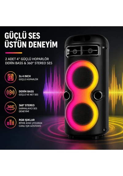 Büyük Boy Şarjlı Rgb Işıklı Hoparlör, 2 Adet 4 Inch Bass Destekli 360 Stereo 3600 Mah Şarjlı Bluetooth Tws U