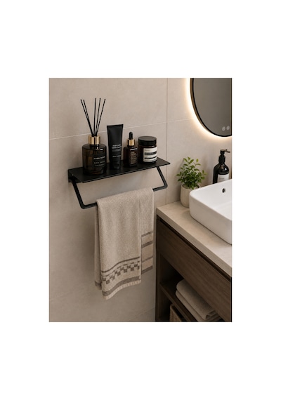 Dekoratif Metal Havluluk Duvara Monte Banyo Rafı Ve Havlu Askılığı Siyah Metal Banyo Organizer Siyah Havluluk