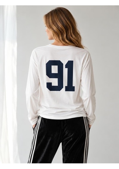 Nealirsanall.com Kadın "91" Baskılı Uzun Kollu İnce Sweatshirt / Body Ekru