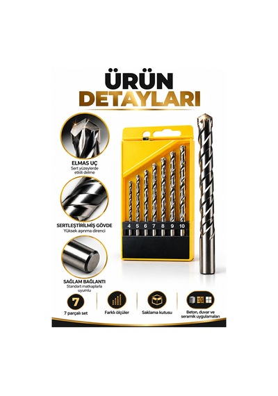 7 Parça Elmas Uç Matkap Seti 4-10 Mm Beton Duvar Seramik