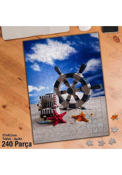 Asil Hobi Deniz Yıldızı - Gemi Dümeni - Kum - Mavi Yapboz -ayak Destekli Çerçeveli 240 Parça Puzzle