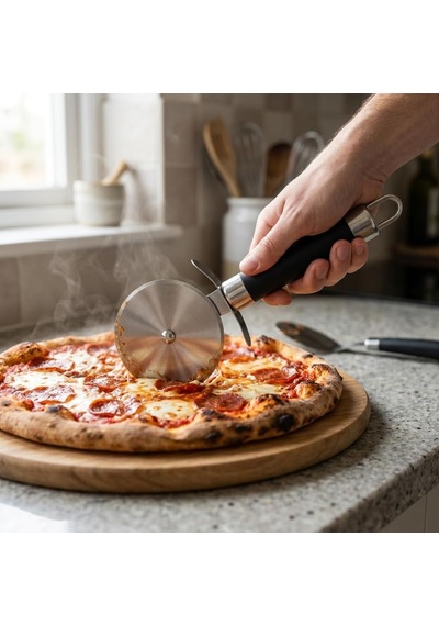 Büyük Boy Siyah Hamur Pizza Kesme Ruleti, Paslanmaz Çelik Diskli Pizza Dilimleyici, Ergonomik Saplı Hamur Börek Pasta Lavaş Kesme Aparatı, Askı Delikli Mutfak Kesici