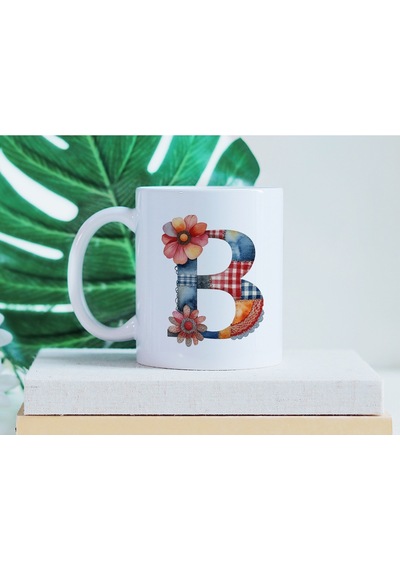 B Harfli Retro Çiçekli Kupa Bardak - Patchwork Tarz Yamalı Desenli İsme Özel Kupa - Hediye Beyaz