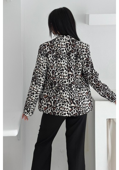 Femelle Gri Leopar Desenli Blazer Ceket Vatkalı İçi Astarlı
