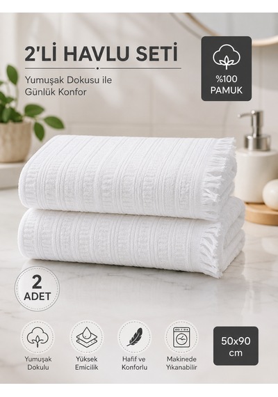 2'li Yüz Havlusu Seti 50x90 Cm Pamuklu El Havlusu Püsküllü Yumuşak Dokulu Yüksek Emici Günlük Kullanım Beyaz