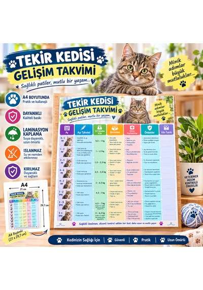 Tekir Kedi Gelişim Takvimi A4 Laminasyon Kaplı Kedi Takvimi Ortalama Kilo Beslenme Hastalık Ve Kilo Takip Tablosu