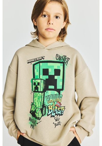 Defacto Minecraft Bisiklet Yaka İçi Yumuşak Tüylü Baskılı Sweatshirt Erkek Çocuk I3078a826wnbg129 Bej-bg129
