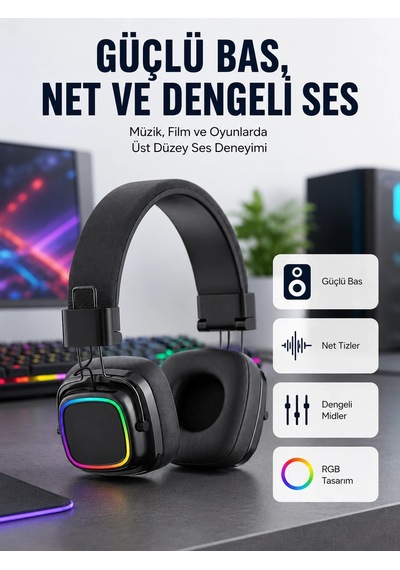 Yüksek Ses Kaliteli Kablosuz Kulak Üstü Kulaklık Bt 5.3 Çok Renkli