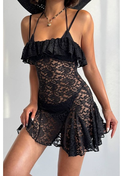 Neşeli Butik Kadın Siyah Askılı Dantel Pareo Nbdf074
