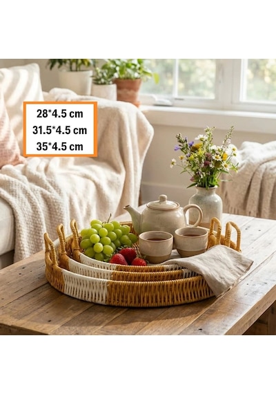 Durukar İç İçe Geçebilen 3 Lü Yuvarlak Plastik Rattan Tepsi Seti Çift Renkli Hasır Görünümlü Çok Am