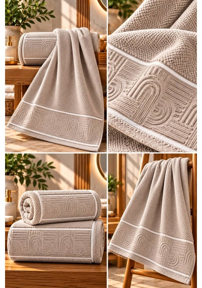 Jakarlı Büyük Boy Banyo Havlusu Premium Sıkı Dokuma %100 Organik Pamuk 90x150 Cm Bej - 945284492 Bej