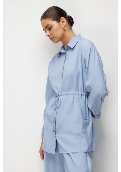 Mizalle Beli Büzgülü Modal Dokulu Mavi Tunik