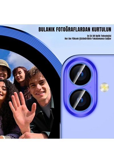 İphone 16/16 Plus İçin Kamera Koruyucu Alüminyum Alaşım Çerçeveli Tempered Glass İphone Kamera Lens Koruyucu Mavi